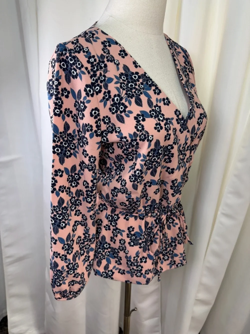 J. Crew Pink & Blue Floral Print Faux Wrap Crepe Blouson Sleeve Blouse Size 4